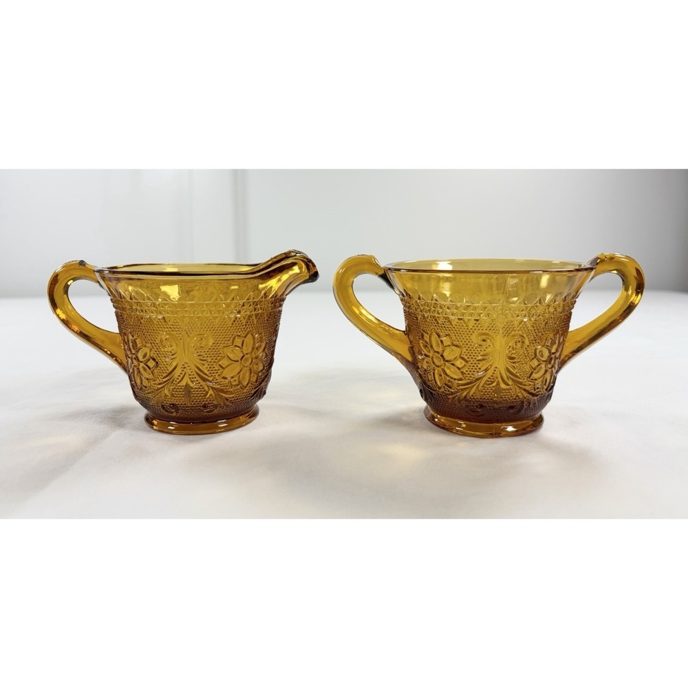 Vintage 70s Indiana Glass Tiara Amber Daisy Sandwich Pattern Sugar & Creamer Set